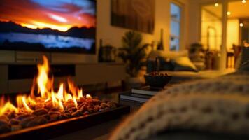 The warm glow of the fire and the captivating images on the TV create a dynamic and inviting ambiance in the room. video
