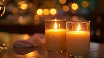 suave calentar ligero irradia desde un de velas creando un acogedor atmósfera para bebiendo y saboreando. video