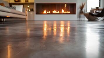 The smooth concrete flooring reflects the warmth of the fire adding a touch of industrial charm to the space. video
