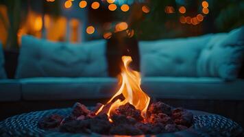 Warm flickering flames dancing in the center of a comfortable outdoor lounge. video