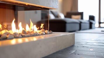 The seamless integration of the fireplace and builtin sound system in a modern apartment providing a functional and stylish focal point. video