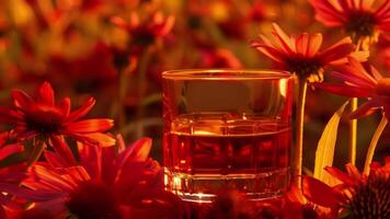 The rich amber hue of a glass of whiskey set against a backdrop of deep red wildflowers reminiscent of the fiery sunsets of the western frontier. 2d flat cartoon video