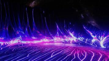 neon plasma flod i retro trogen Plats planet. 3d framställa animation. lanscape i kosmos eller galax, Plats 80s stil trådmodell för vj dj musik bakgrund. digital geometrisk abstrakt synthwave video