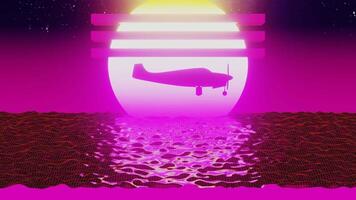 Retro futuristic plane flying over low poly shaped water. 3D render animation. 80s vintage wireframe airplane in air aviation aircraft aeroplane for cyberpunk vacation journey in other galaxy space music VJ DJ background video