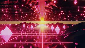 espaço retro futurismo conceito do planeta às a fim do túnel. 3d render animação. paisagem dentro cosmos ou galáxia, espaço anos 80 estilo estrutura de arame para vj dj música fundo. digital geométrico abstrato synthwave video