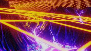 retro futuristisch Kosmos Galaxis Planet mit Neon- Berge. 3d machen Animation. lanscape im Kosmos oder Galaxis, Raum 80er Jahre Stil Drahtmodell zum vj dj Musik- Hintergrund. Digital geometrisch abstrakt Synthwave video