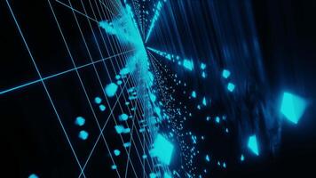 Flying in digital wireframe. 3D render abstract animation of glowing space light, background animated wallpaper geometric technology future tunnel video