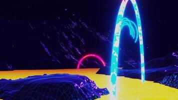 neon kosmos galax retro futurism planet. 3d framställa animation. lanscape i kosmos eller galax, Plats 80s stil trådmodell för vj dj musik bakgrund. digital geometrisk abstrakt synthwave video