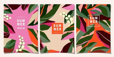 Tropicals template set for poster, cover, card, label, banner in modern minimalist style and simple summer design templates with tropical leaves, flower. vector