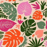 Hand drawn tropical seamless pattern, holiday and summer time, colorful style, natural ornaments for textile, fabric, wall art, wallpaper, poster and decor background. vector