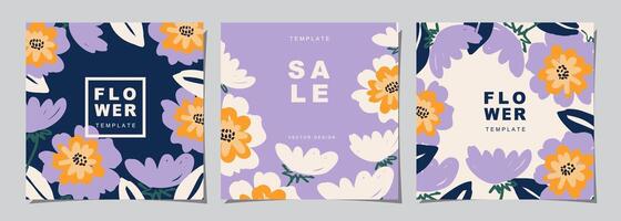 Floral template set for poster, card, cover, wall art, banner in modern minimalist style and simple summer design templates with flowers and plants. vector