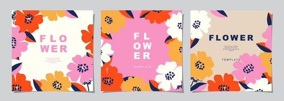 Floral template set for poster, card, cover, wall art, banner in modern minimalist style and simple summer design templates with flowers and plants. vector