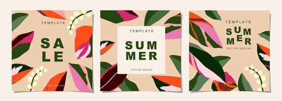 Tropicals template set for poster, cover, card, label, banner in modern minimalist style and simple summer design templates with tropical leaves, flower. vector