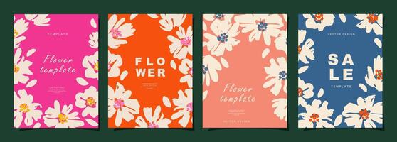 Floral template set for poster, card, cover, wall art, banner in modern minimalist style and simple summer design templates with flowers and plants. vector