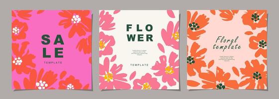 Floral template set for poster, card, cover, wall art, banner in modern minimalist style and simple summer design templates with flowers and plants. vector