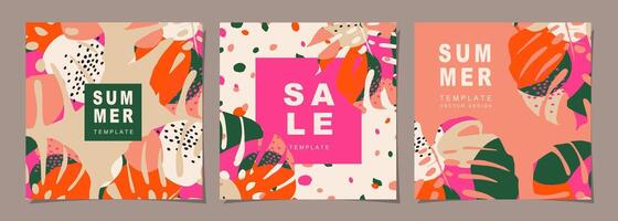 Tropicals template set for poster, cover, card, label, banner in modern minimalist style and simple summer design templates with tropical leaves, flower. vector