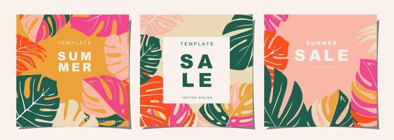 Tropicals template set for poster, cover, card, label, banner in modern minimalist style and simple summer design templates with tropical leaves, flower. vector