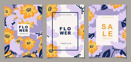 Floral template set for poster, card, cover, wall art, banner in modern minimalist style and simple summer design templates with flowers and plants. vector