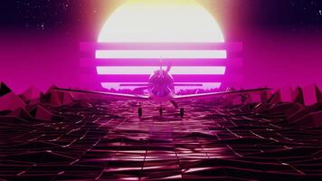 Plane over glass low poly shapes flying into sun, retro futuristic concept. 3D render animation. 80s vintage wireframe airplane in air aviation aircraft aeroplane for cyberpunk vacation journey in other galaxy space music VJ DJ background video