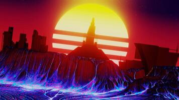 retro Futurismus Stadt mit Sieden Lava und Jahrgang Sonne. Synthwave Hintergrund Cyberpunk gelappt 3d machen Animation video