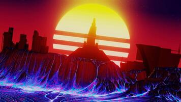 Retro futurism city with boiling lava and vintage sun. Synthwave background cyberpunk lopped 3D render animation video