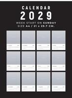 Calendar 2029 clean and minimal design size A4, Week start on sunday vector