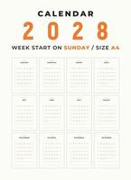 calendario 2028 blanco modelo limpiar y mínimo diseño Talla a4, semana comienzo en domingo vector