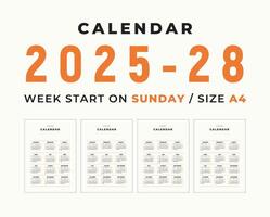 calendario 2025-28 blanco modelo limpiar y mínimo diseño Talla a4, semana comienzo en domingo vector