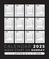 calendario 2025 blanco modelo limpiar y mínimo diseño Talla carta, semana comienzo en domingo vector