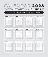 Calendar 2028 blank template clean and minimal design size Letter, Week start on sunday vector