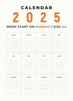 calendario 2025 blanco modelo limpiar y mínimo diseño Talla a4, semana comienzo en domingo vector