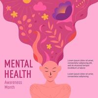 Mental health awareness month illustration, May is Mental Health Awareness Month banner, Beautiful flowers in woman head, flat illustration. vector