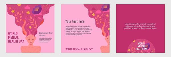 World mental health day social media Post template set. Positive mental health Banner, Woman thought, beautiful flowers in brain, people self care, Mental wellness, healthy head relax card or poster vector