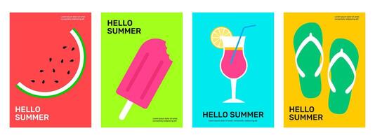 Set of summer poster collection. Watermelon, ice cream, cocktail, flipflop. Season event invitation, cover, promo, flyer, banner. Flat illustration in minimalistic style. vector
