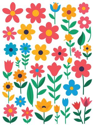 Simple Abstract hand drawn various shapes and flat flower. Nature flowers and Leaves illustration on white background