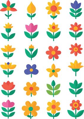 Simple Abstract hand drawn various shapes and flat flower. Nature flowers and Leaves illustration on white background
