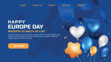 realista Europa día aterrizaje página, Noveno mayo. contento Europa independencia día realista antecedentes con mapa, globos y bandera vector