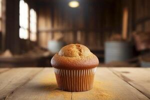 Delectable muffin dessert beautifully presented on a rustic backdrop exuding warmth photo