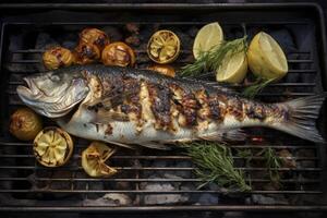 perfectamente A la parrilla pescado exhibiendo sus delicioso dorado textura y boca riego apelación foto