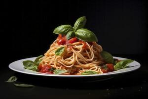 Delectable spaghetti paired with rich tomato sauce beautifully served on a rustic setting. photo