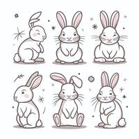 Cute cartoon rabbits. Funny furry gray hares, Easter bunnies standing, sitting, running, jumping, sleeping. Set of flat cartoon illustrations isolated on white background vector