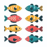 Collection of hand drawn cute fishes in flat style. Fishes body icons big set. illustration for icon, logo, print, icon, card, emblem, label. Aquarium. vector