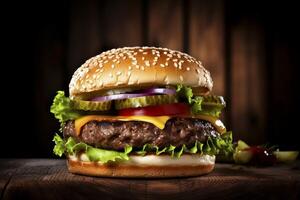 A delectable big hamburger composition on a rustic background symbolizing the epitome of flavorful cuisine photo