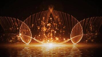 Abstract Yellow style gold particle background with fire shooting gold fountain over water video