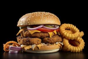 Delectable composition of a burger crispy onion rings and chips epitomizing fast food delight photo