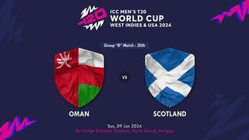 Oman en Schotland bij elkaar passen in icc Mannen t20 krekel wereldbeker west Indië en Verenigde staten 2024, intro 3d renderen video
