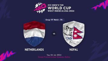 Nepal vs Países Bajos partido en icc de los hombres t20 Grillo Copa Mundial Oeste indies y unido estados 2024, introducción 3d representación video