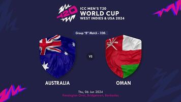 Australia vs Oman incontro nel icc Uomini t20 cricket Coppa del Mondo ovest indie e unito stati 2024, intro 3d interpretazione video