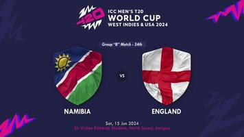 Namibia vs Inglaterra partido en icc de los hombres t20 Grillo Copa Mundial Oeste indies y unido estados 2024, introducción 3d representación video