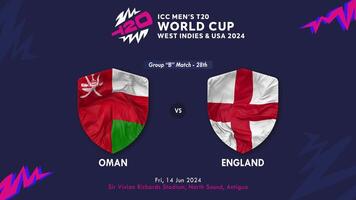 Inglaterra vs Omán partido en icc de los hombres t20 Grillo Copa Mundial Oeste indies y unido estados 2024, introducción 3d representación video